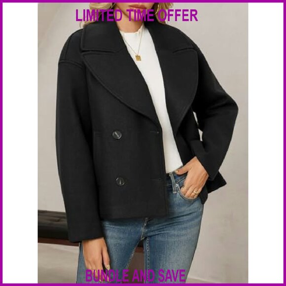 Cropped Wool Blend Pea Coat Double Breasted Notched Lapel Overcoat - Picture 5 of 8